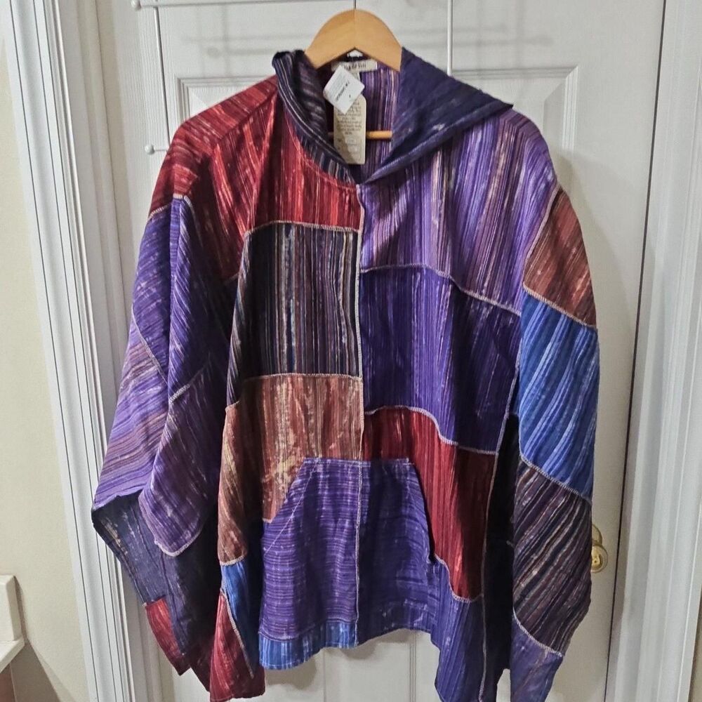 Yak & Yeti Hooded Poncho Multi Color Striped Patchwork